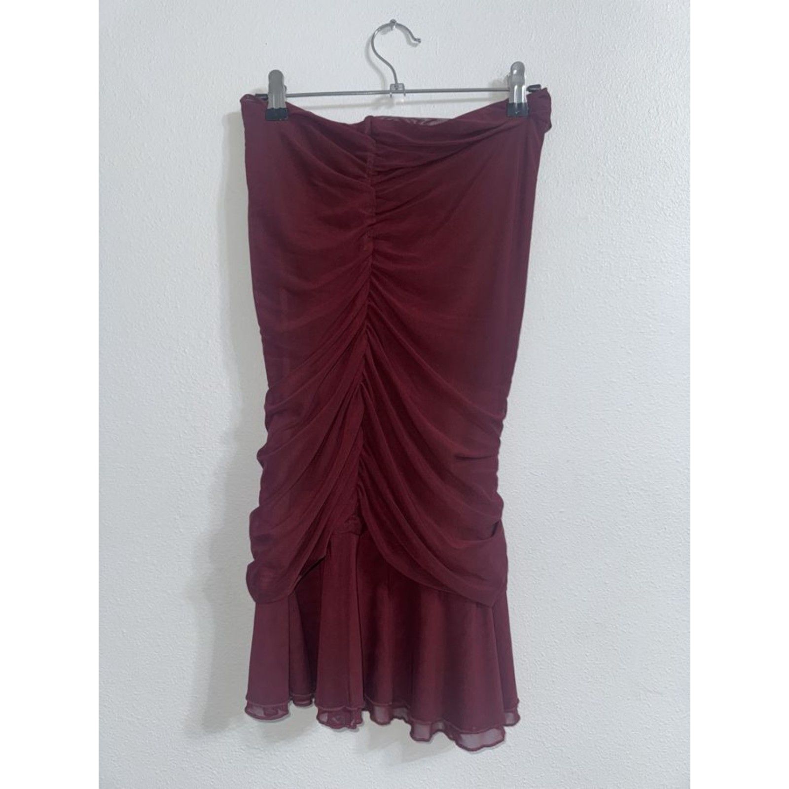 White Fox Burgundy Ruched Mesh Mini Dress L Strapless Ruffle Bodycon Wine Sexy — image 2 of 5